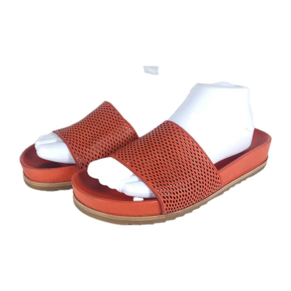 Frye Women's Lily US8,5? Orange Leather Perforated Flat Slide Sandals Shoes