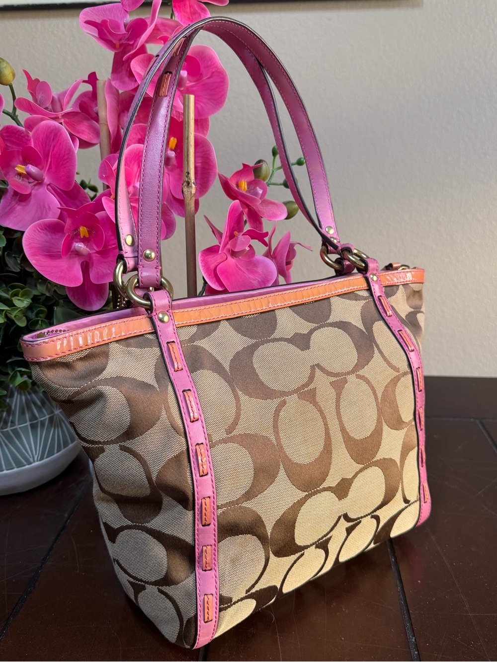 Coach Bleecker Khaki Sig C Laced Pink Leather Trim Bag