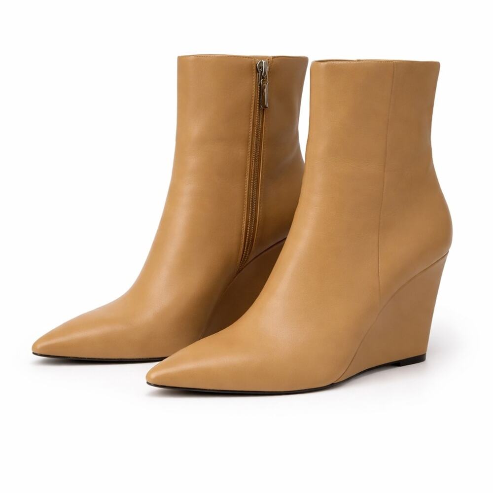 Zara Leather Wedge Ankle Boots Camel Brown Pointed Toe Zip Closure EU 39 US 8
