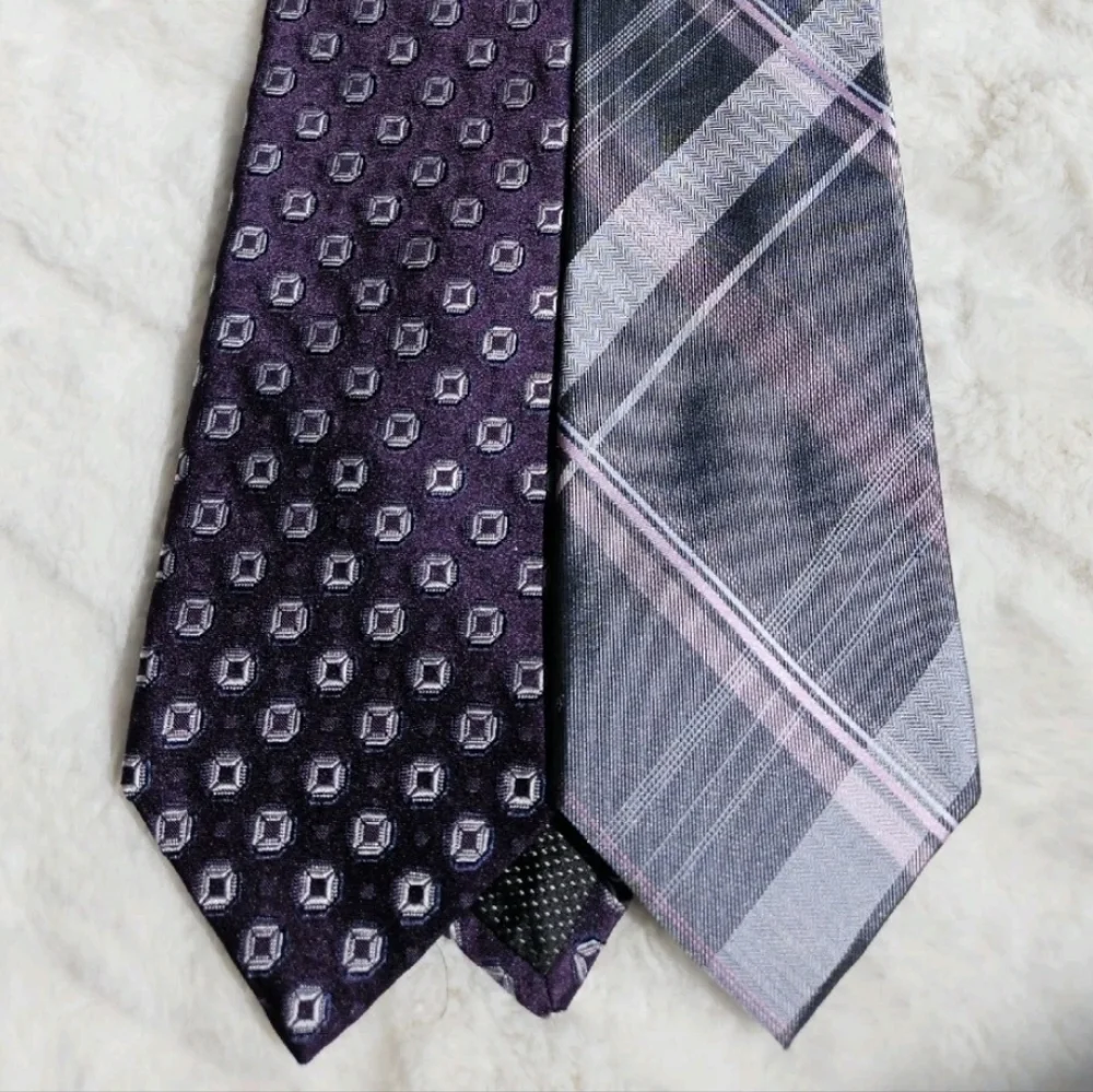 MICHAEL KORS Set Of Two Men's 100% Silk Ties Purple & Grey Geometric Design EUC - Picture 2 of 4