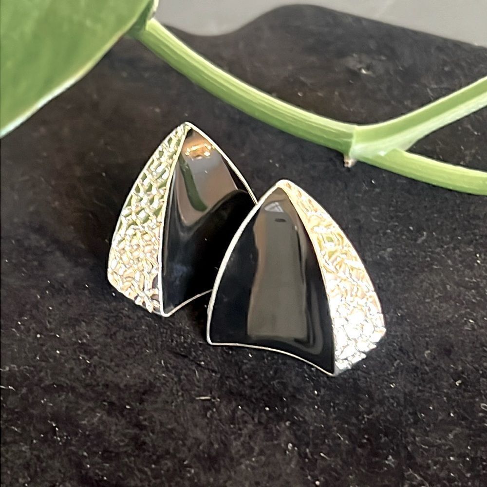 Trifari Silver Tone and Black Triangle Pieced Earrings