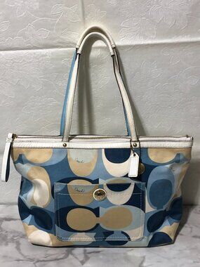 Womens Vintage Y2K Coach Scarf Print Blue White Signature Purse
