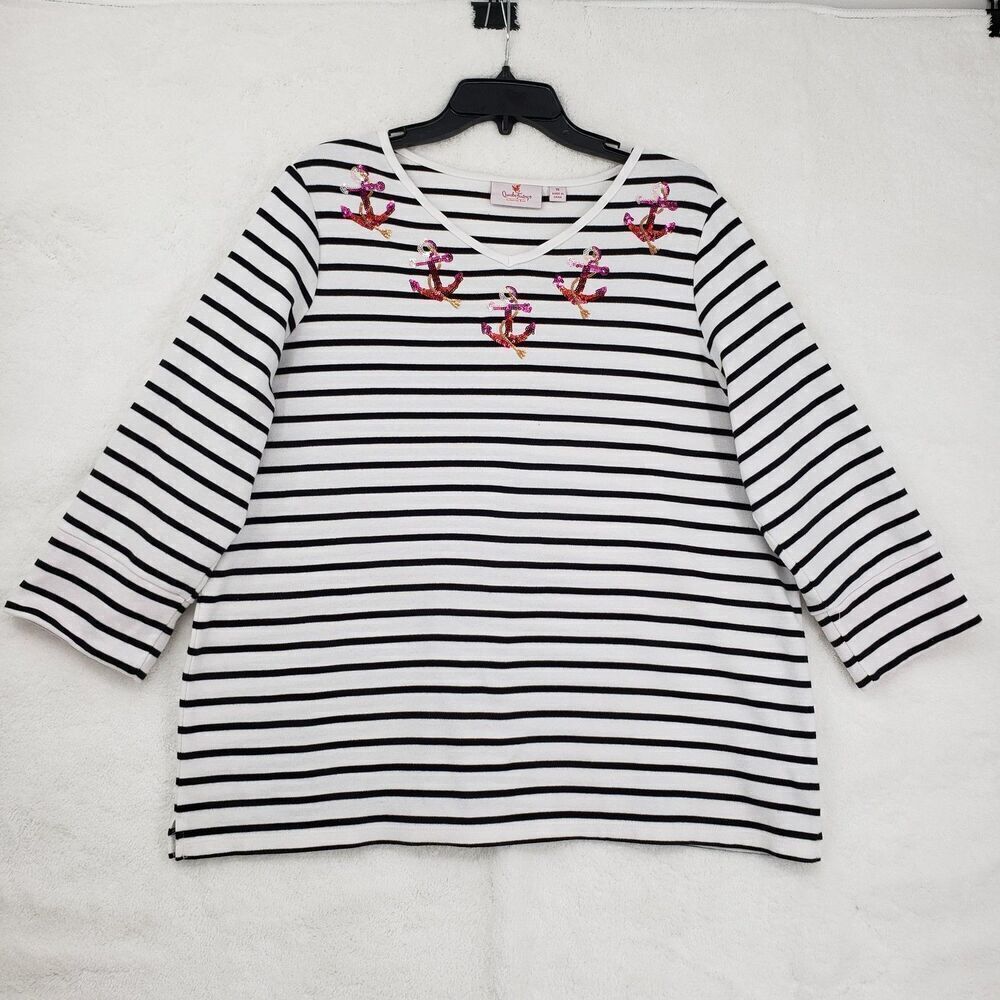 Quacker Factory Shirt Womens 1X Black White Striped Anchor Sequin Nautical Top
