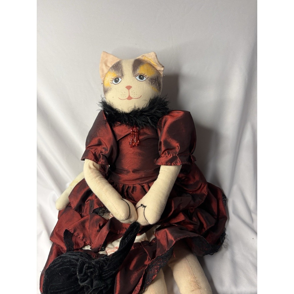 Vintage 1990's Artisan Folk Art Hand-Painted Cloth Cat Doll