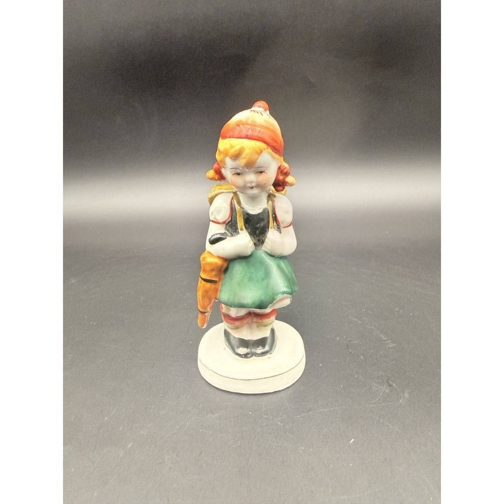 Porcelain Girl with Backpack And Umbrella Vintage Figurine Occupied Japan 5.5"