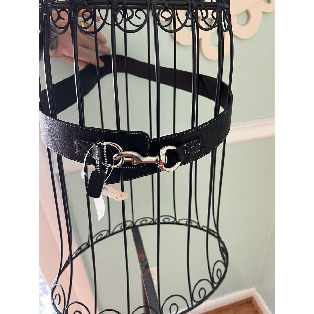 COACH‎ dog Leash Belt Italy Leather Black Coach Tag NWT cross Grain White Trim M