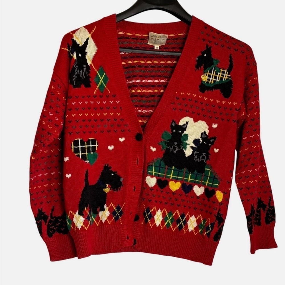 RARE Vintage 90s Scottie Terrier Dog Cardigan Hearts Live Valentine Sweater M