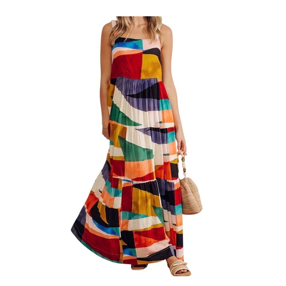 Vici Impressions Bali small Girls Trip geometric tiered maxi dress D2 3290