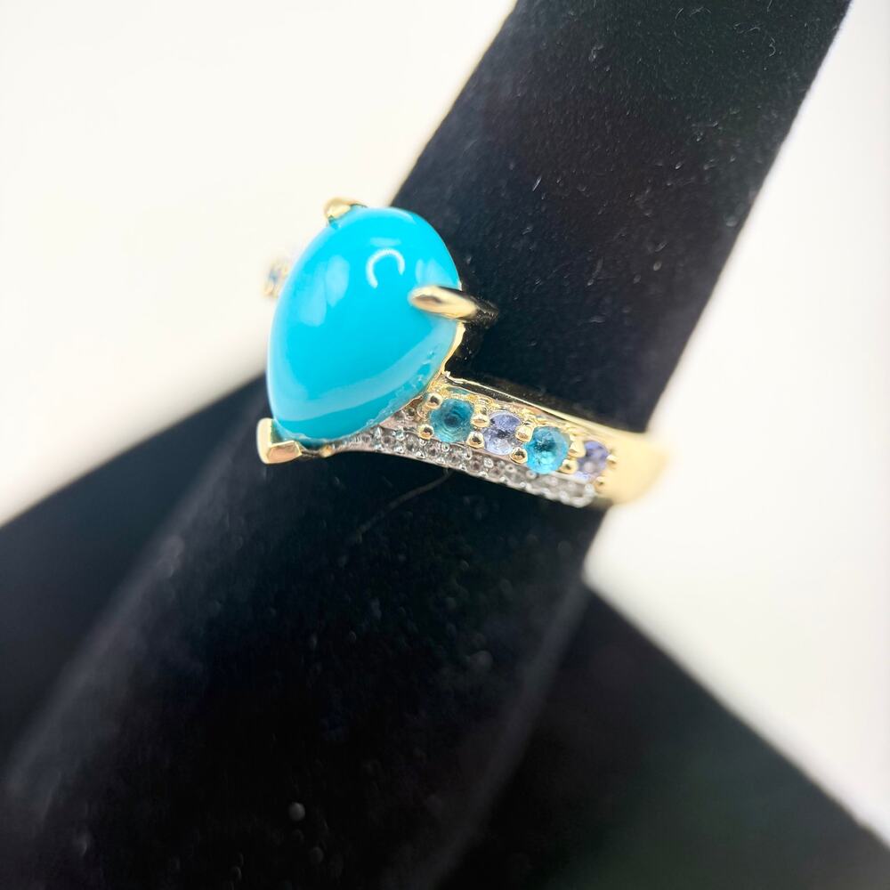 NEW Sleeping Beauty Turquoise 18k Yellow Gold Over Sterling Silver Bypass Ring - Picture 7 of 16