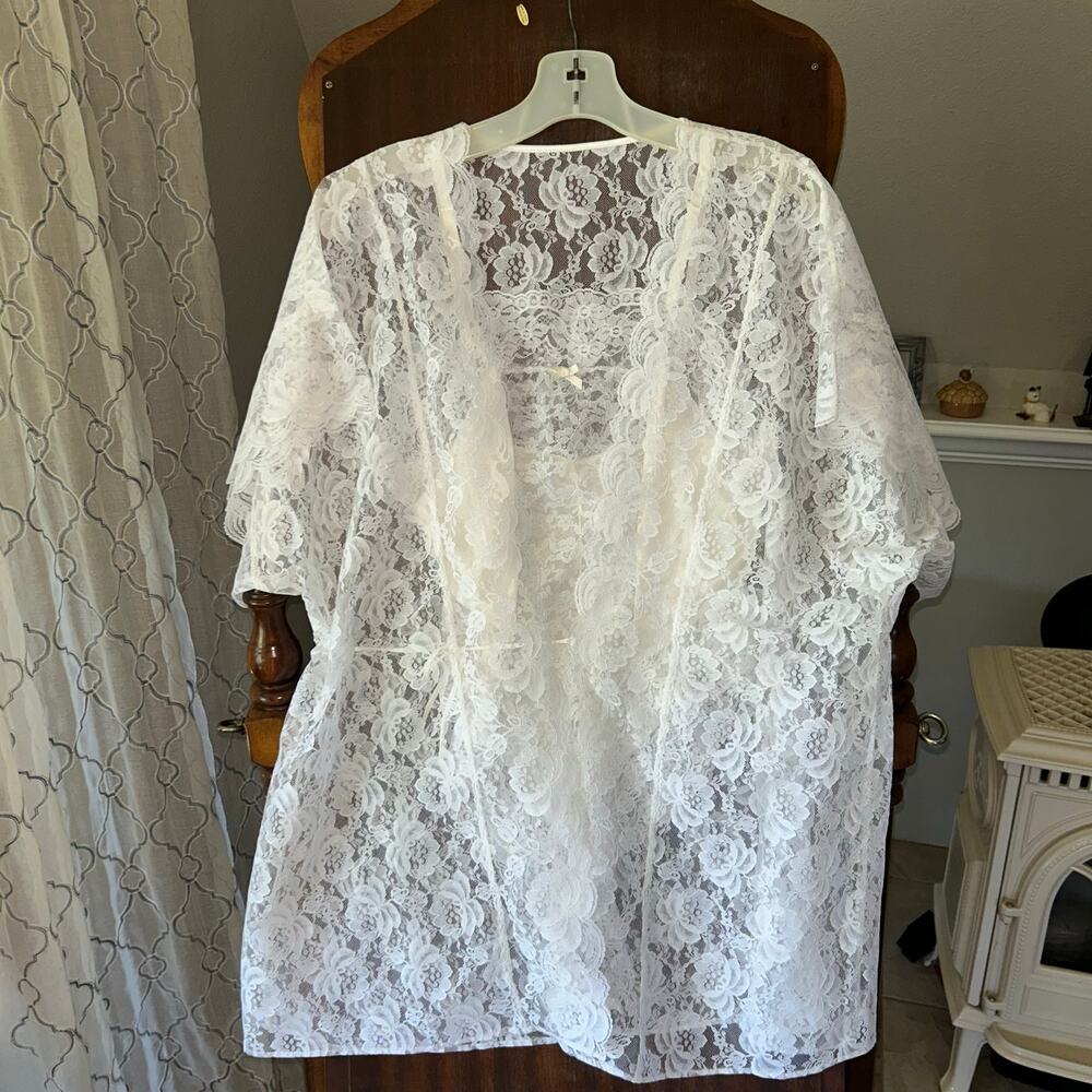 Vintage Sears white floral lace robe & teddy sheer lingerie size medium/large