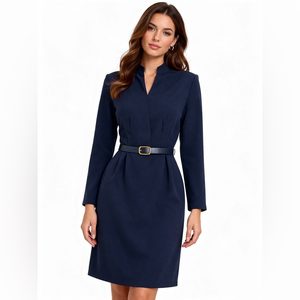 Navy Blue Belted Long Sleeve Midi Dress Women’s Small / Medium