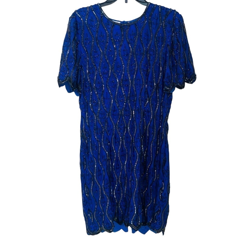 Stenay Vintage Size 12 Royal Blue Silk with Black Sequins Beaded Formal Dress