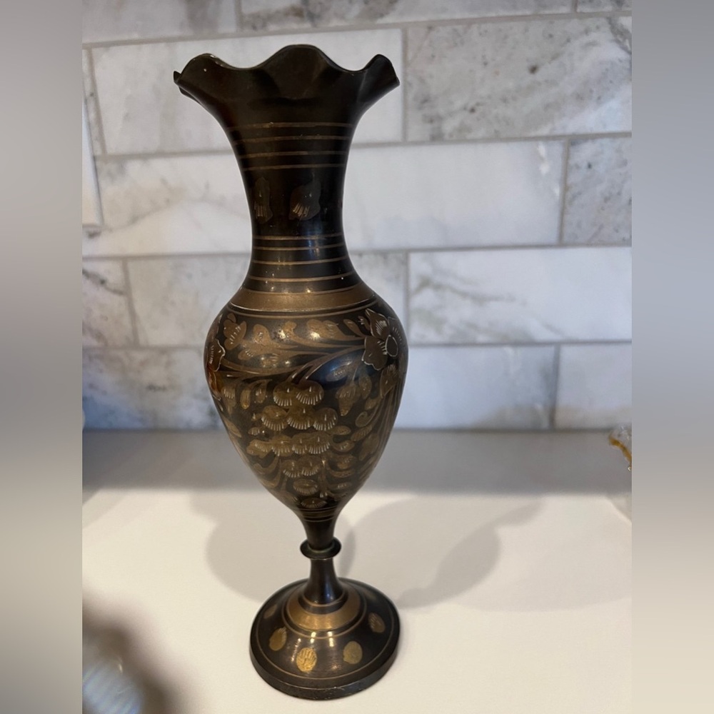 Vintage Brass etched vase decor made in India