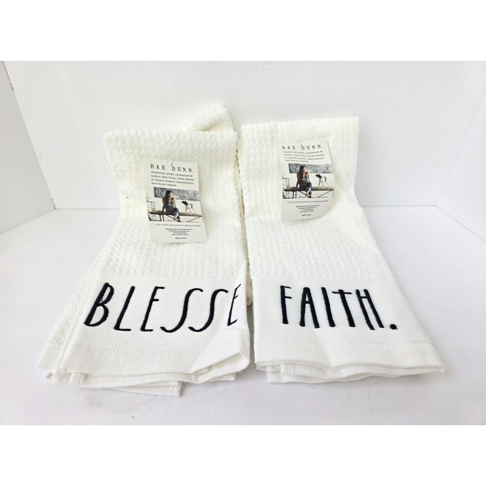 Rae Dunn Kitchen Towel set Faith Blessed NWT set of 4 white black farmhouse