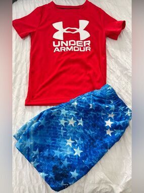 Under Armour Red Swim Rash Guard with White Logo and trunks size 4