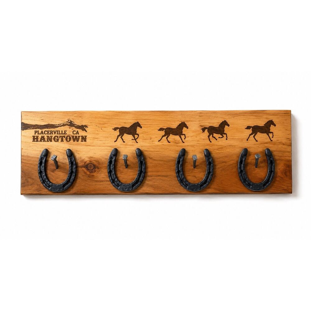 Placerville CA Hangtown Cedar Wood Horseshoe Key Holder Handmade Wall Rack 12”
