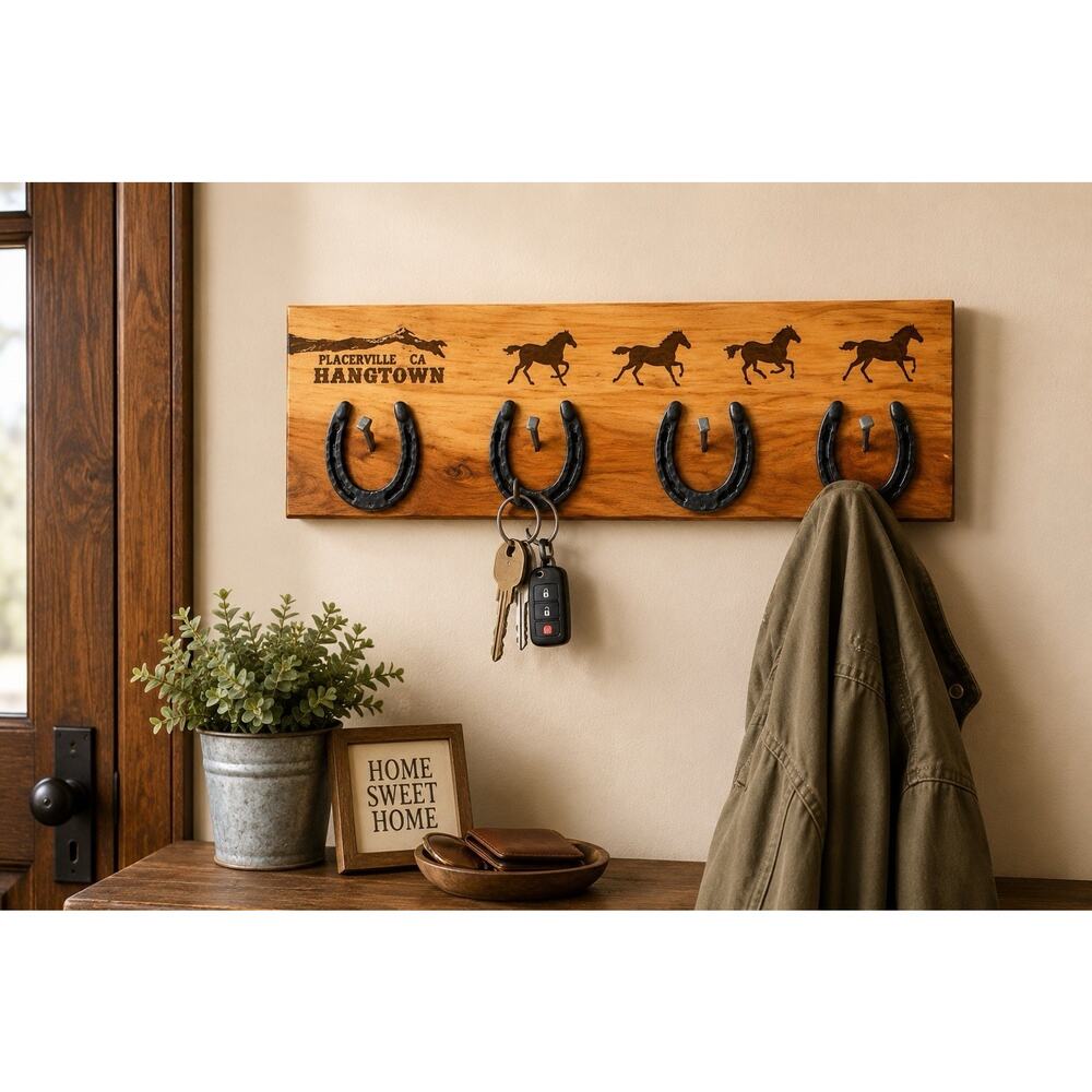 Placerville CA Hangtown Cedar Wood Horseshoe Key Holder Handmade Wall Rack 12” - Picture 2 of 7