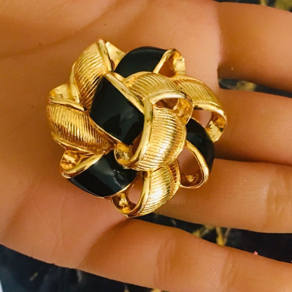 Vintage AK Anne Klein Enamel 3d Ribbon Bow Black Gold Brooch 4352 - Picture 2 of 6