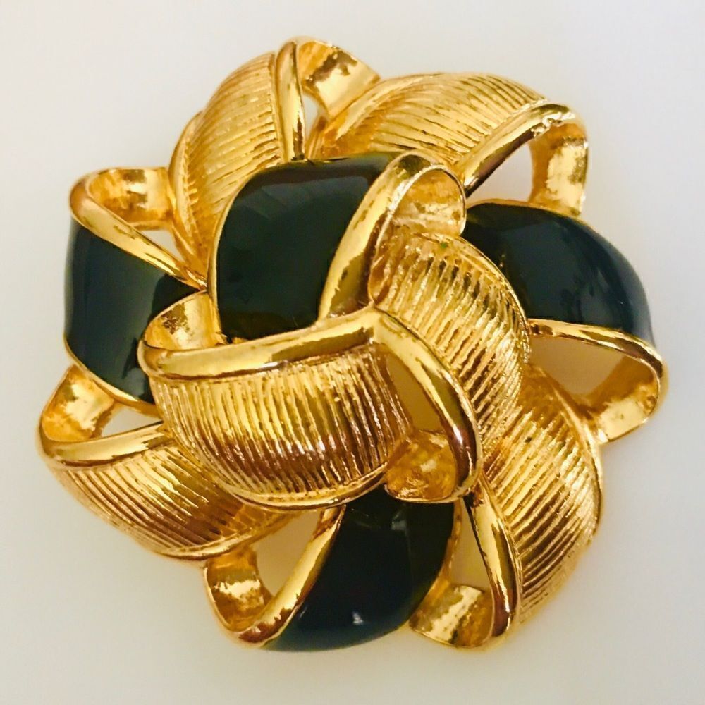 Vintage AK Anne Klein Enamel 3d Ribbon Bow Black Gold Brooch 4352