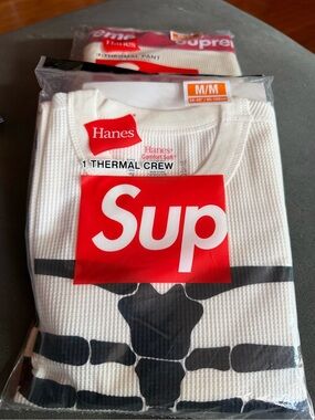 Hanes White Thermal Pant & Crew with Red Logo Band