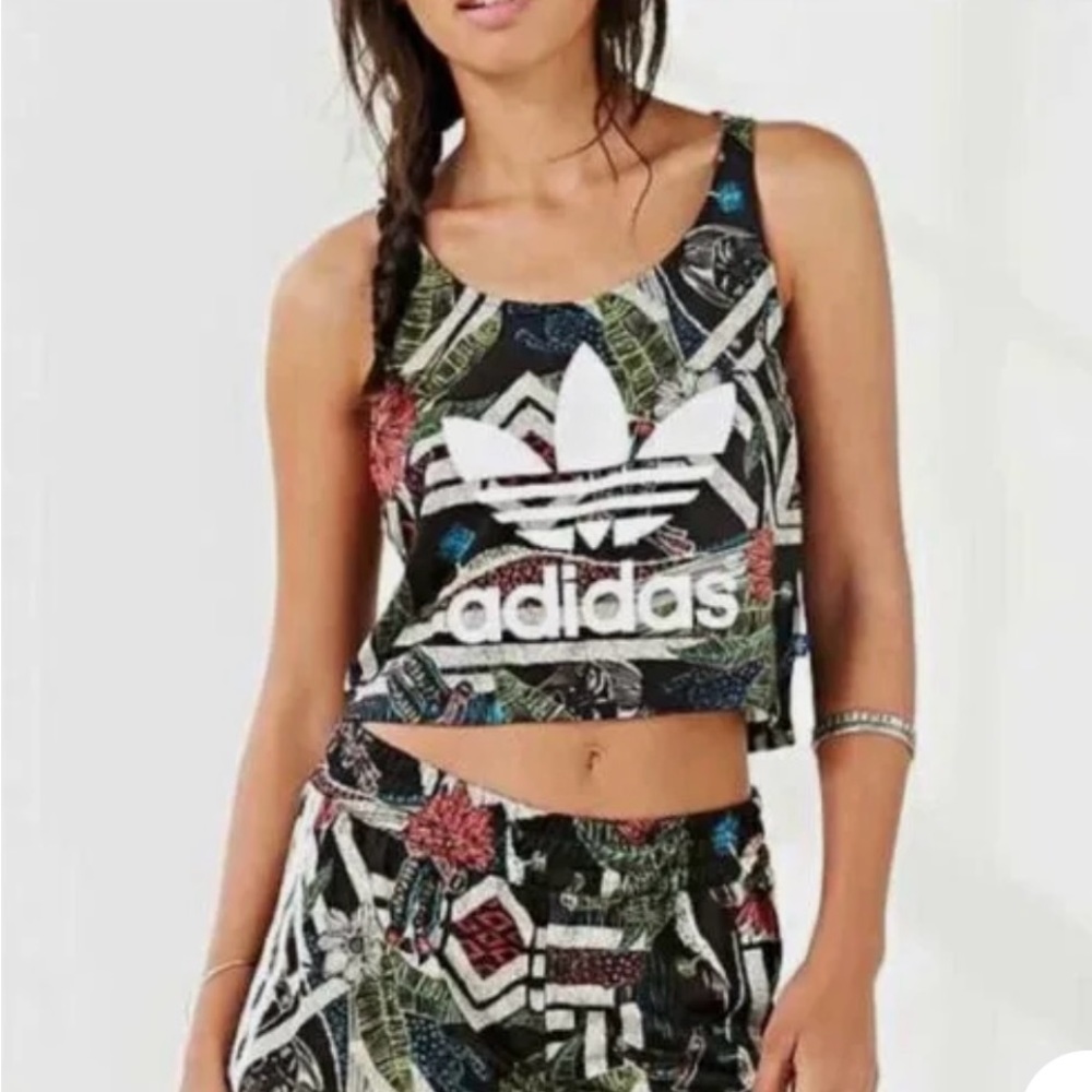 adidas Black Tropical Print Cropped Tank Top - Picture 2 of 11