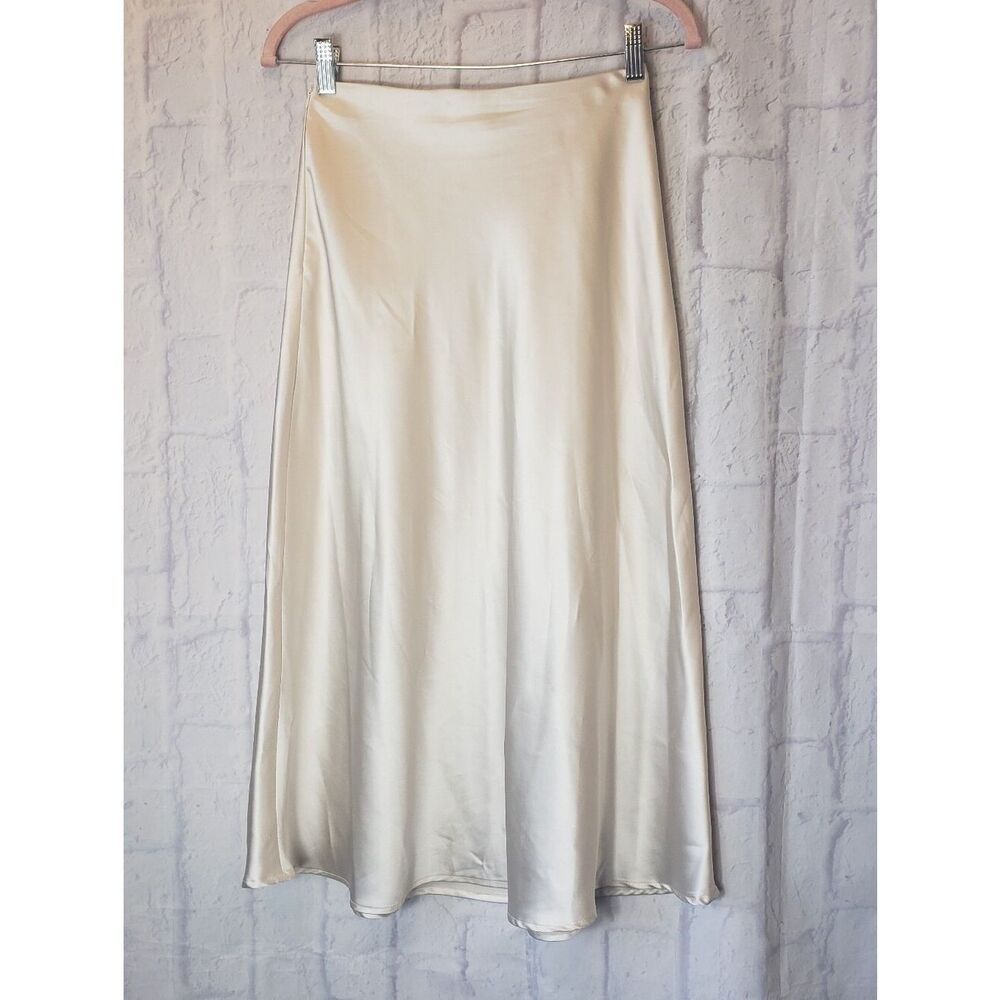 ZEAGOO Cream Satin Midi A-line Skirt Small