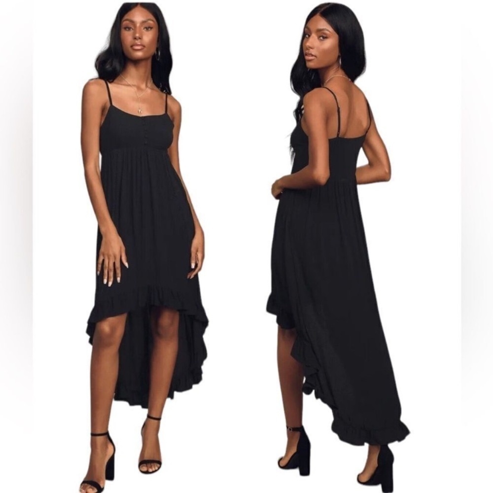 NWT BB Dakota Black High/Low Midi Dress Ruffle Hem Spaghetti Straps Goth Boho
