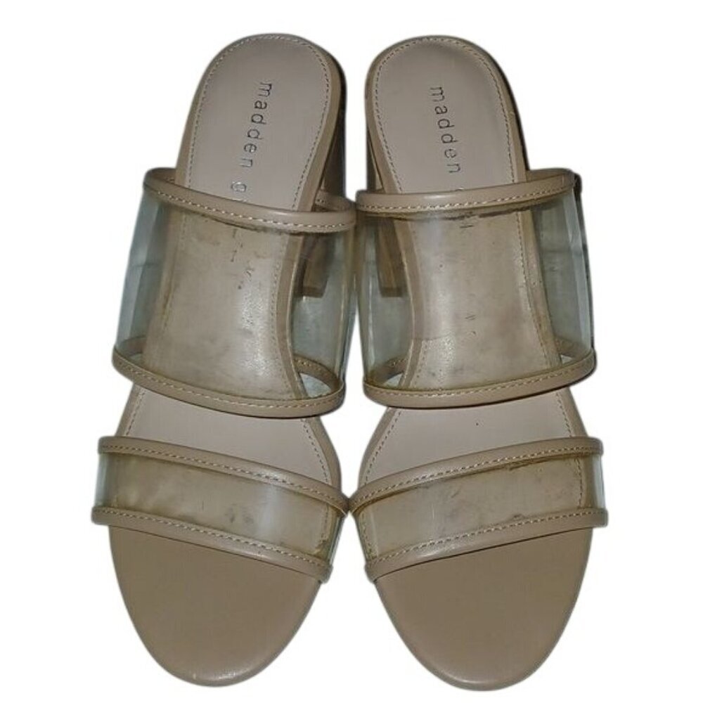 Madden Girl Clear Beige Block Heel Leather Sandals - Picture 2 of 6