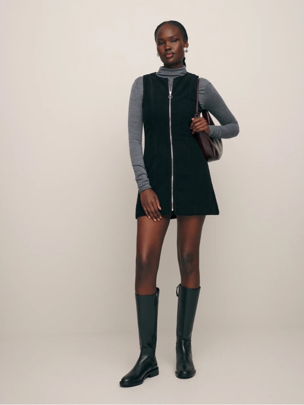 Reformation Suzie Corduroy Mini Dress Zip Up Black