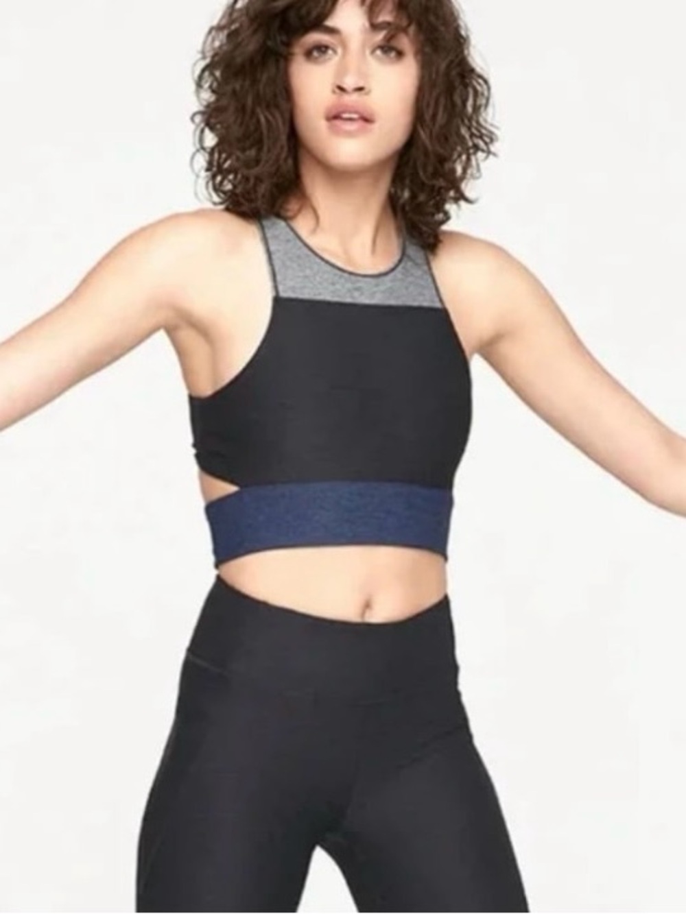 Outdoor Voices Black Sports Bra with Gray Yoke and Navy Band