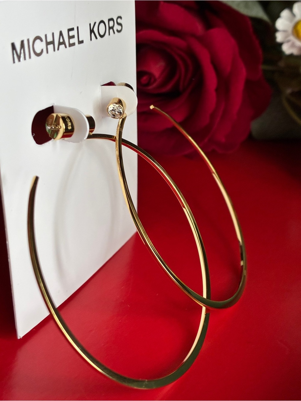 Michael Kors Shiny Gold Hoop Earrings with Crystal Stud - Picture 8 of 8