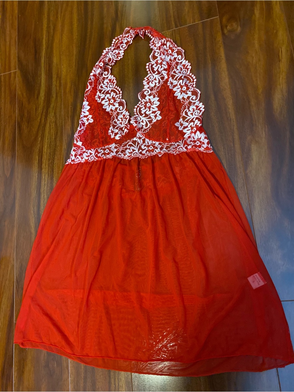 YOINS Sheer Red Halter Backless Dress with White Lace - Picture 6 of 8