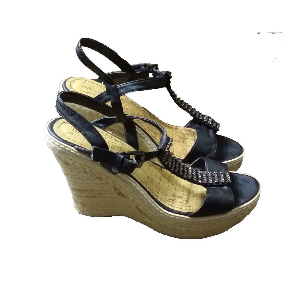 BAMBOO LEANNE BLACK SANDALS PLATFORM WEDGE HEEL B/W STRAPS  9