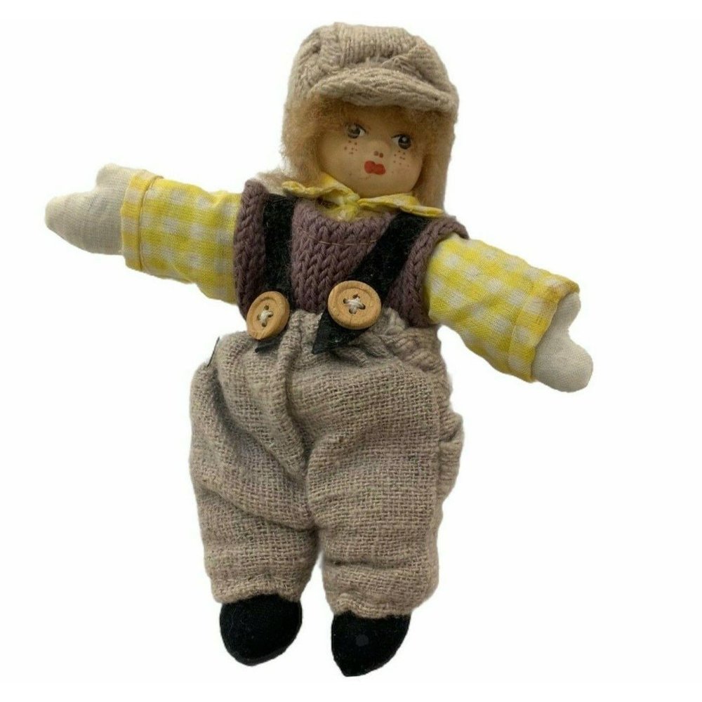 Vintage Doll 6" Small Child‎ Boy Knit Overalls Hat