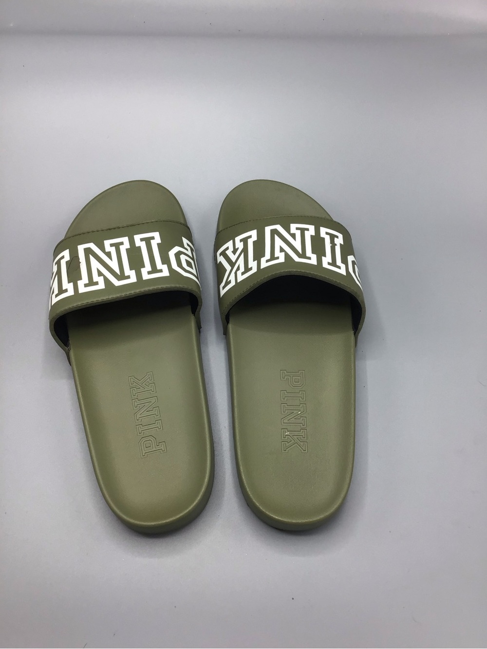 PINK Victoria's Secret Olive Green Logo Slide Sandals