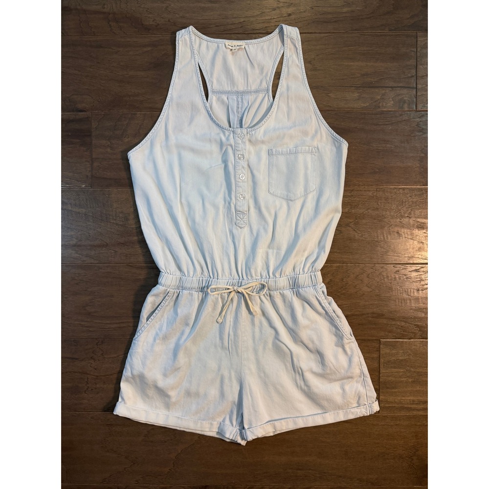 Aaron‎ & Amber Light Wash Chambray Romper Womens Medium Blue Henley Racerback