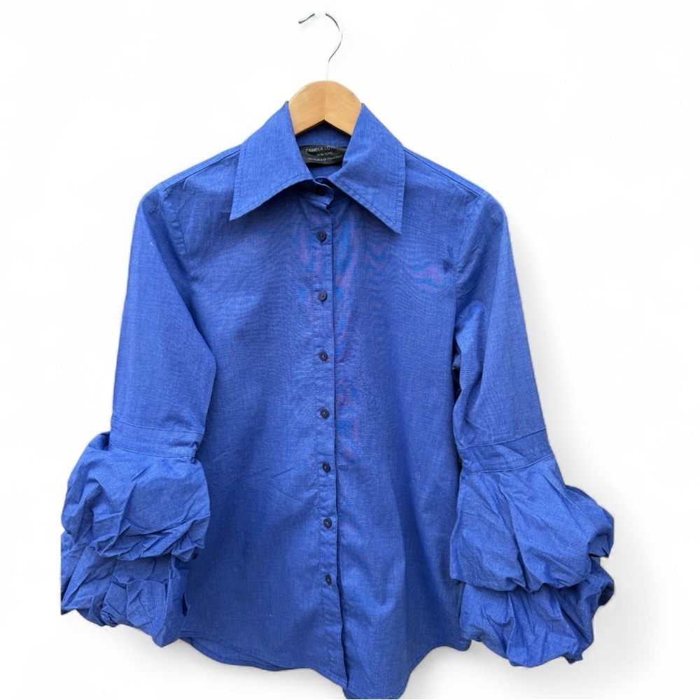 Blue Button-Up Stretch Twill  Shirt with Ruffled Sleeves