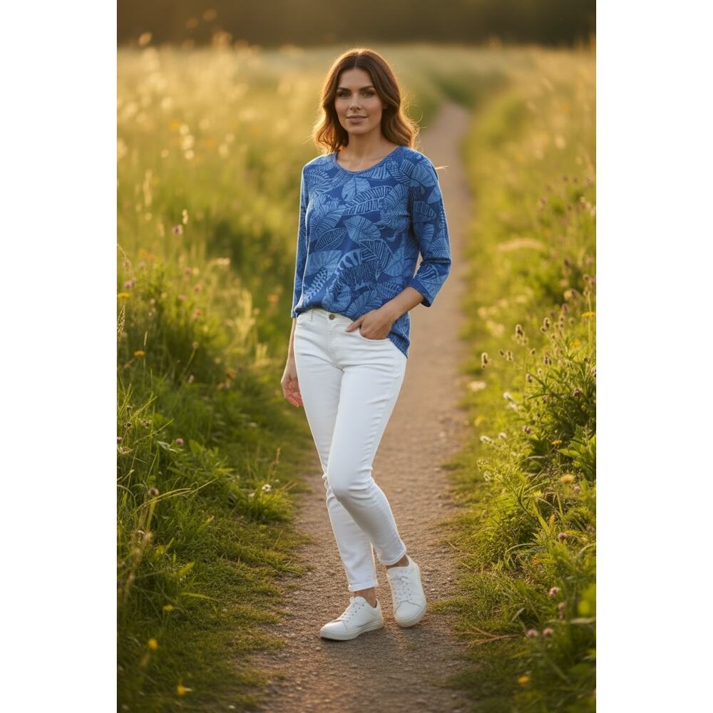 J.McLaughlin Blue Palm Leaf Tiger Print 3/4 Sleeve Top Large - Picture 3 of 9