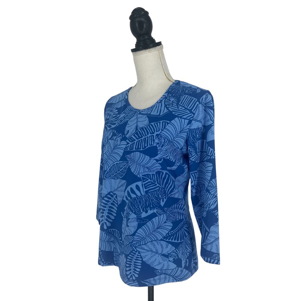 J.McLaughlin Blue Palm Leaf Tiger Print 3/4 Sleeve Top Large - Picture 5 of 9