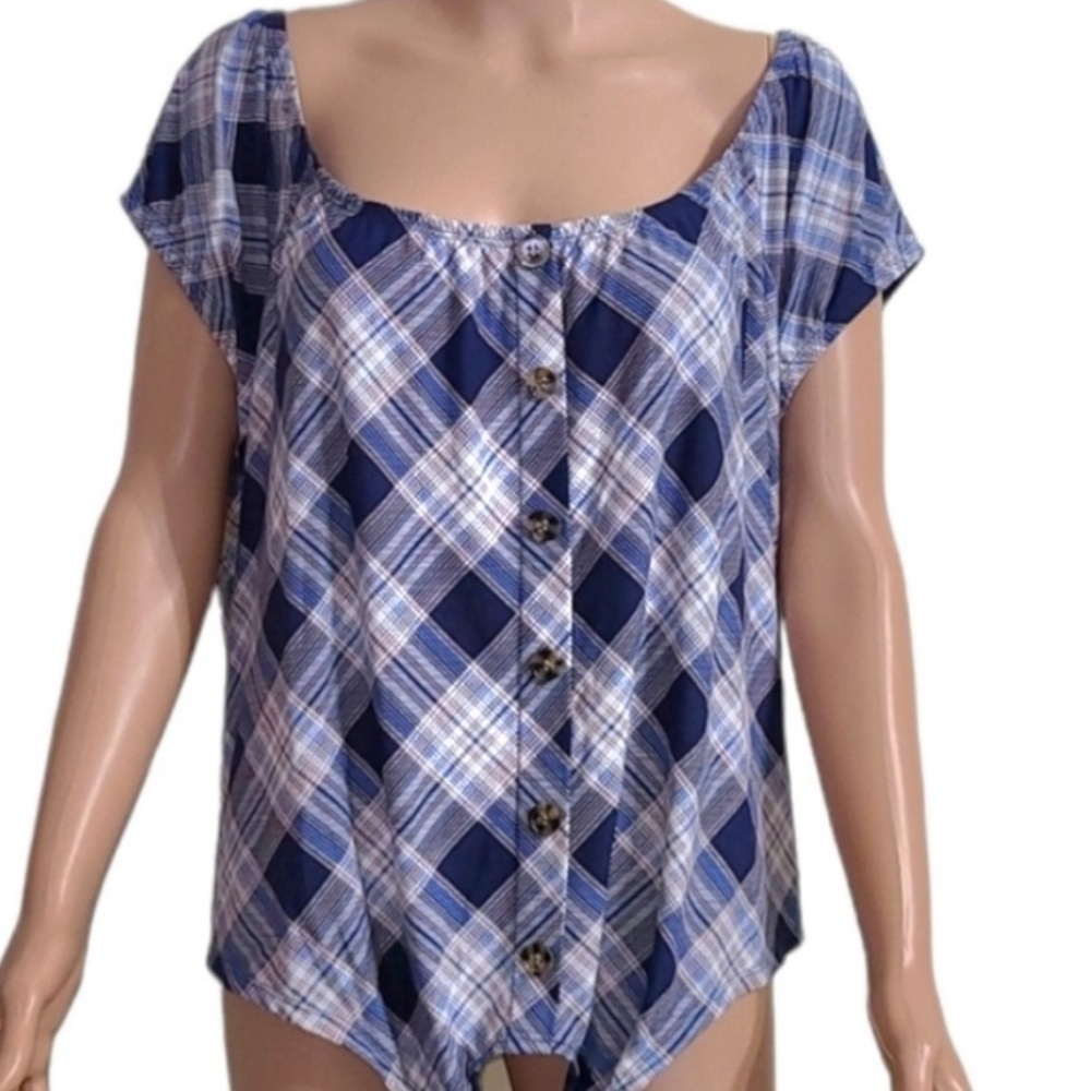 No Comment Women's Juniors Size Large Off Shoulder Top Navy Pink Plaid Tie Front