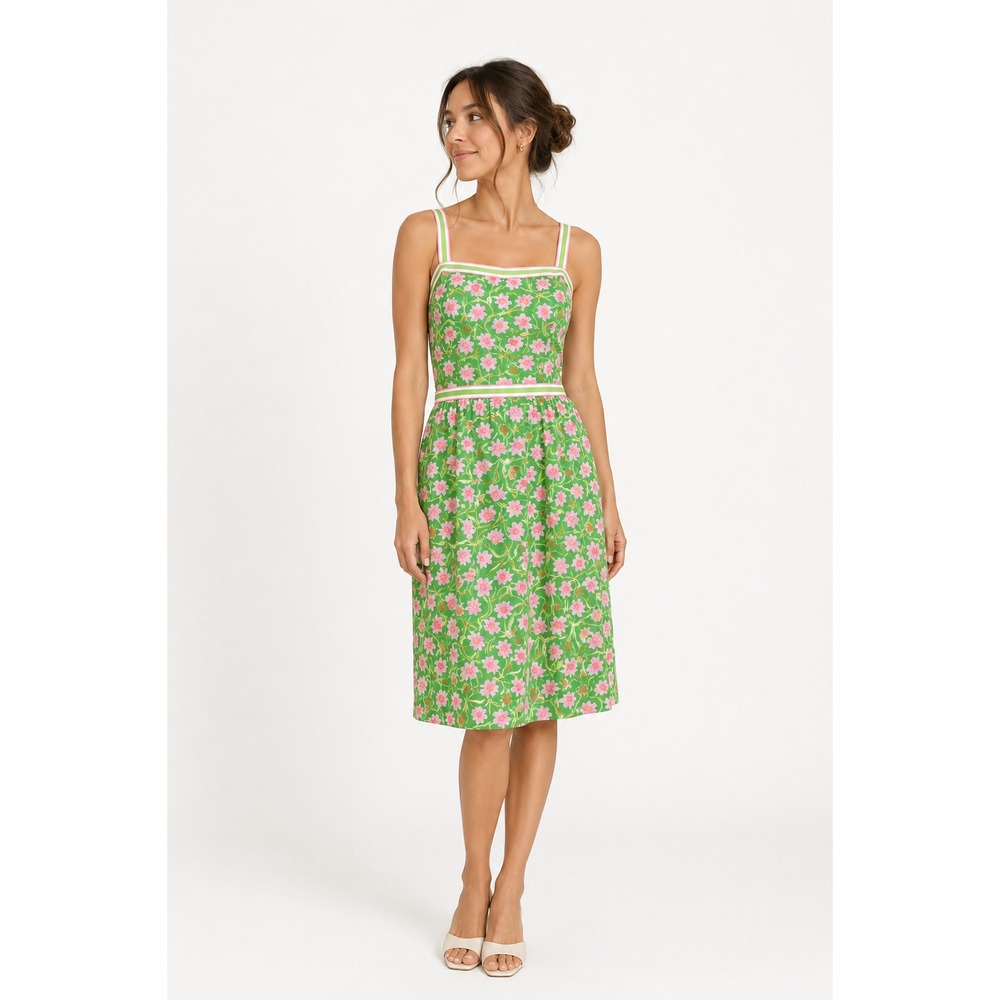 VTG Liza by Lilly Pulitzer Vintage Floral Sundress Green Pink Striped Trim 9/10