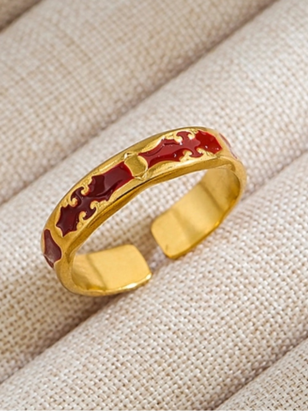 18k Gold Plated Red Enamel Adjustable Band Ring