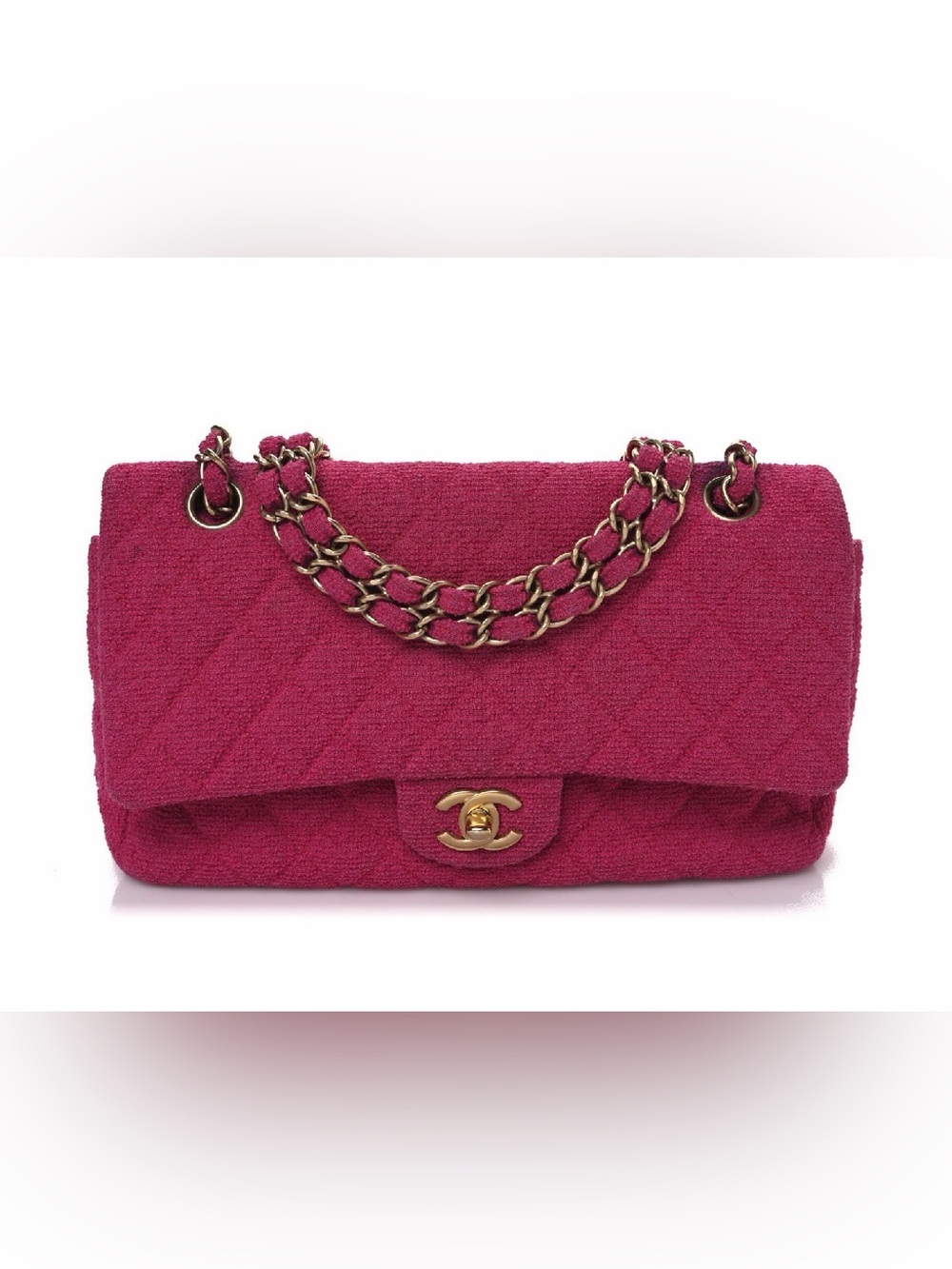 CHANEL Fuchsia Quilted double flap Shoulder Bag medium tweed