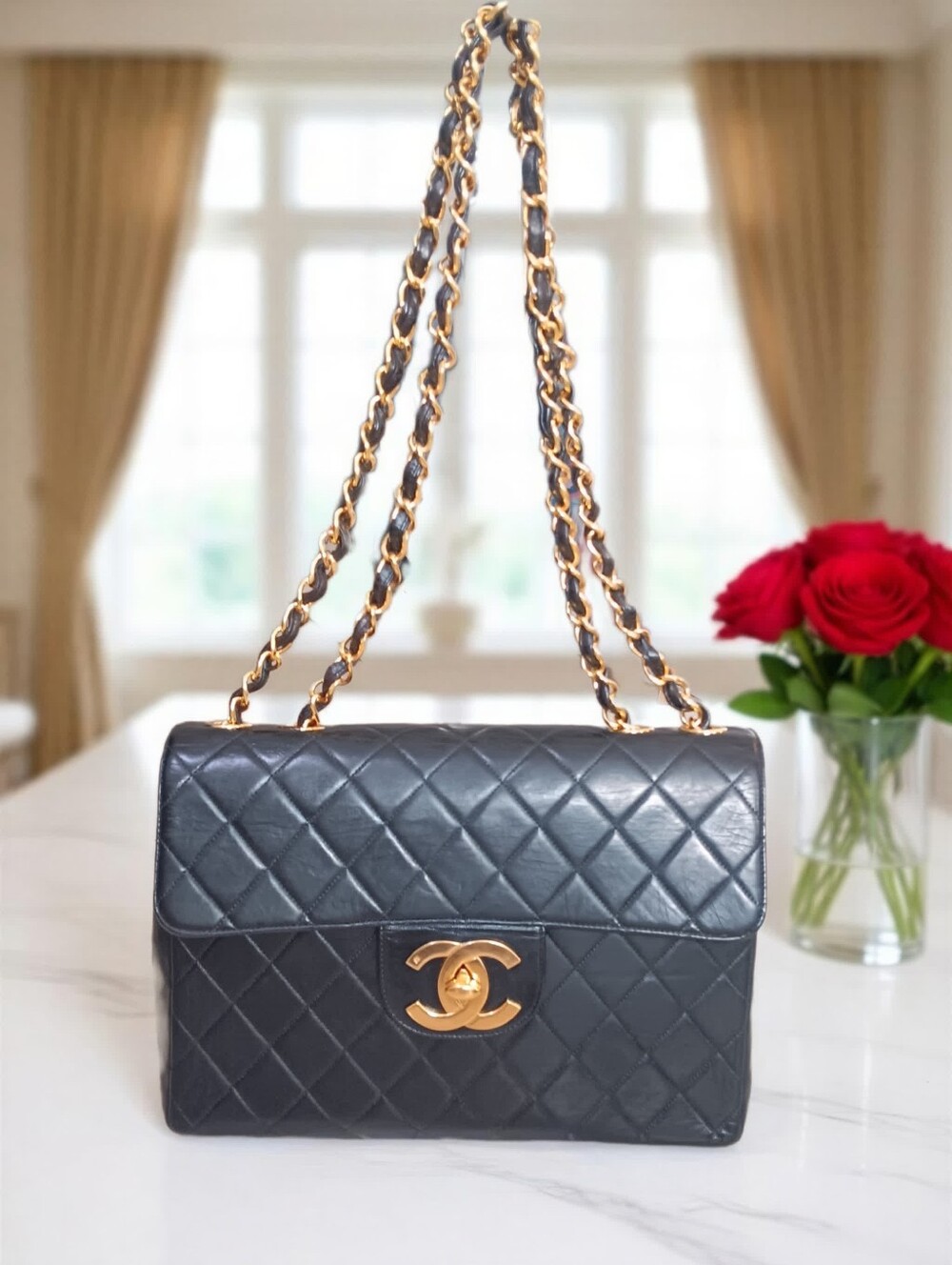 Chanel Vintage Jumbo Classic Flap Black Lambskin 24K Gold ✨ COA - Picture 4 of 16