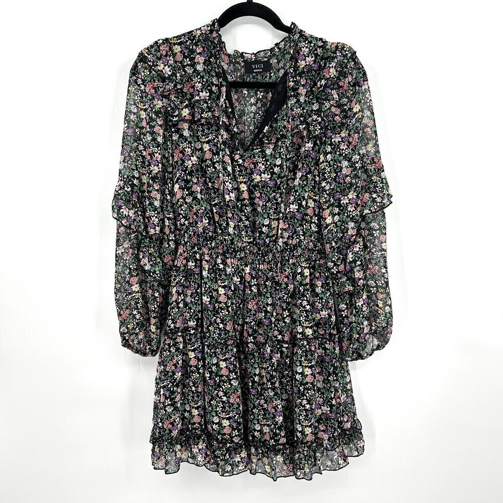 VICI Sitting Pretty Black Floral Print Peasant Ruffle Long Sleeve Dress Medium - Picture 3 of 8