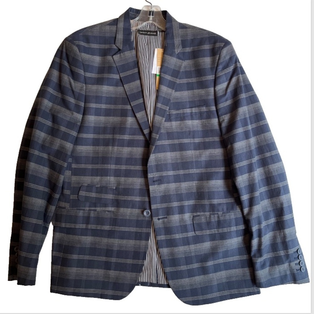 DKNY JEANS Men's Navy Gray Plaid Blazer Sport Coat Jacket Size L NWT $159