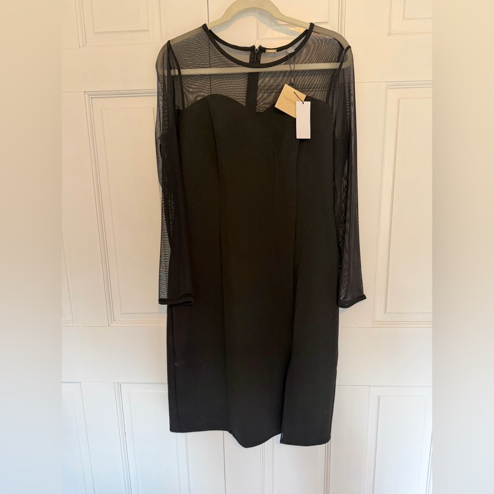 Tahari Black Sheer Mesh Illusion Sleeve Dress NWT Cocktail Midi Dress Size 8