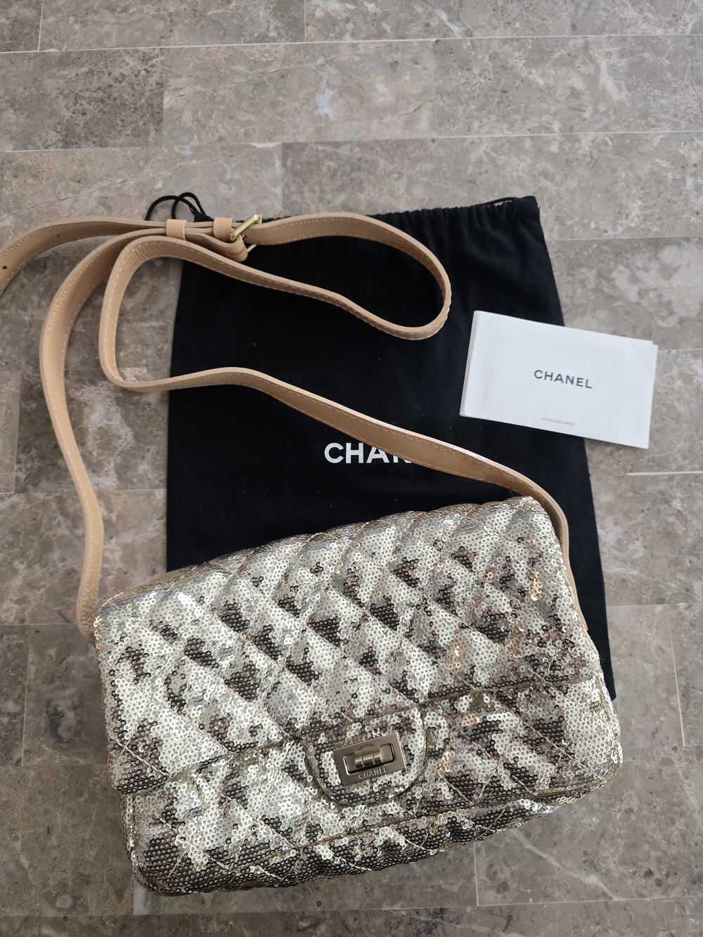 CHANEL Gold Sequined Quilted Flap Bag