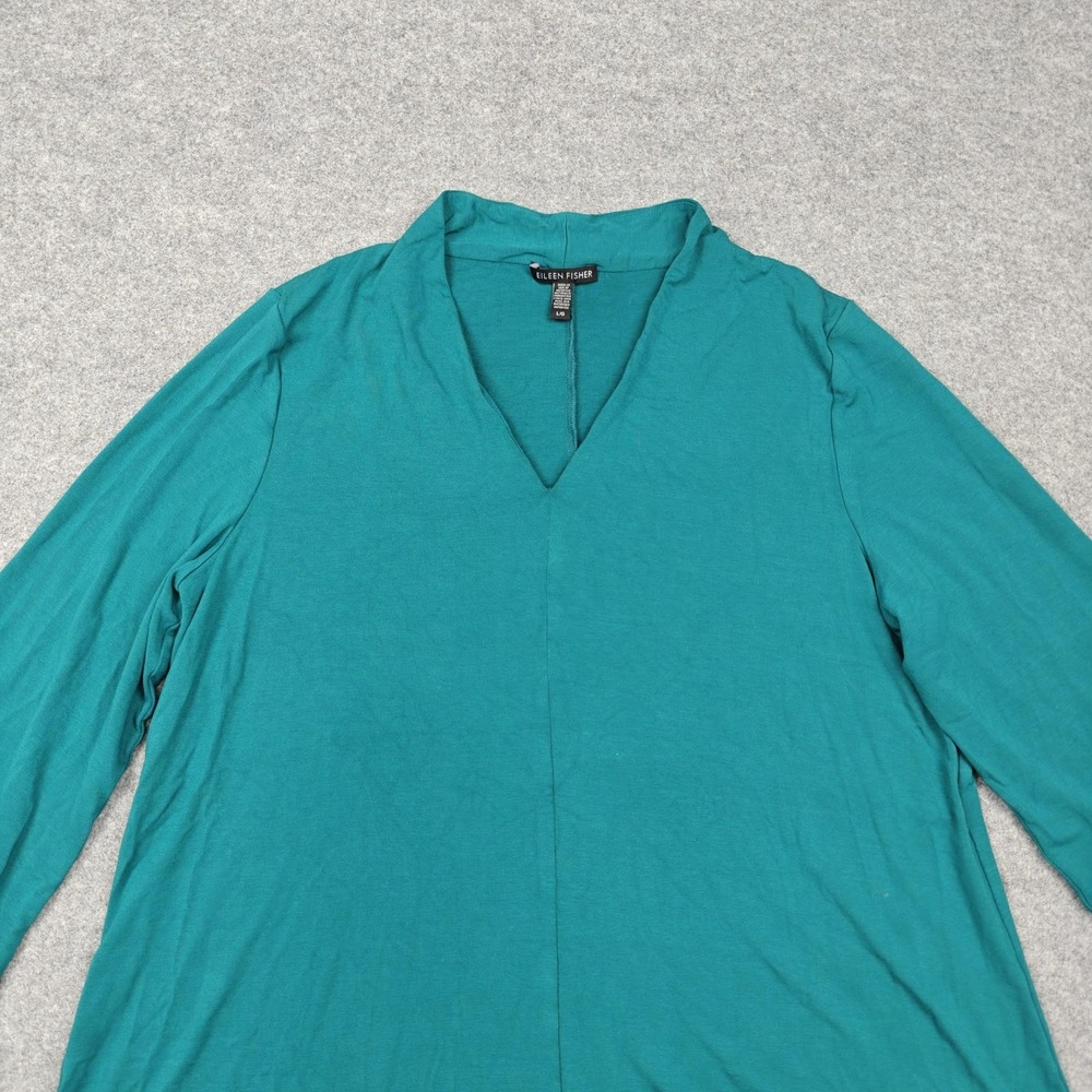 Eileen Fisher Blouse Womens Large Teal V Neck 3/4 Sleeve Jersey Tunic Made USA - Picture 2 of 8