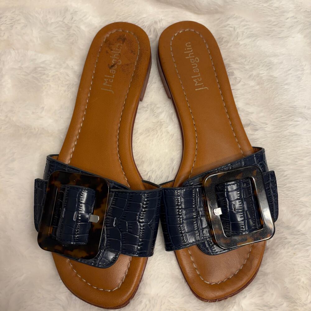 J. McLaughlin Blue Croc Tortoiseshell Buckle Bella Slides 37 7 Shoes Sandals